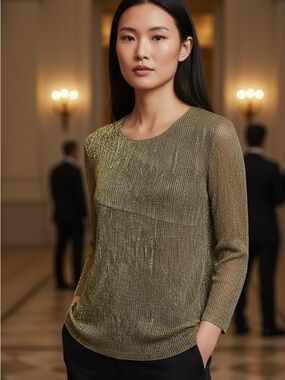 Jennie & Marlis Black and Gold 3/4 Sleeve Scoop Neck Knit Top Ruffles Size S